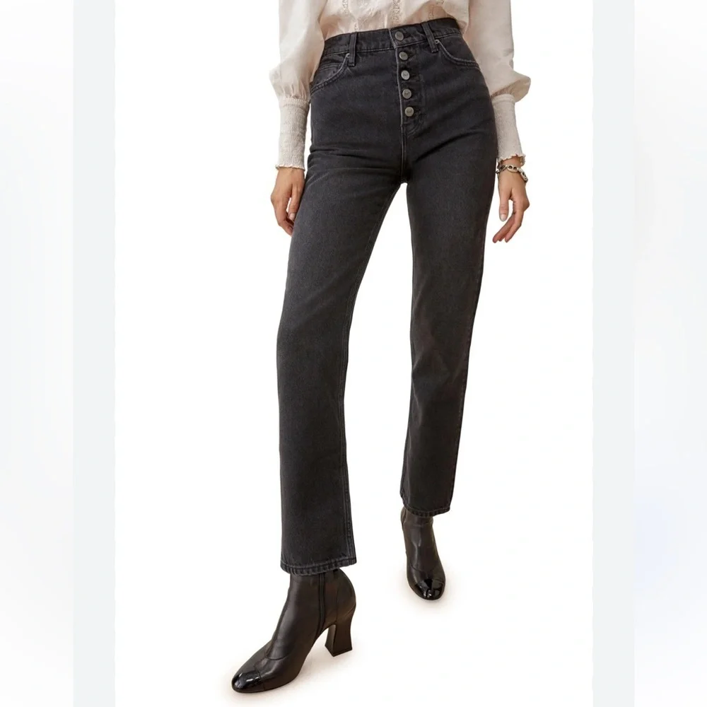 Reformation Liza High Rise Exposed Button Black Yuma Wash Cigarette Jeans Denim - Picture 9 of 12